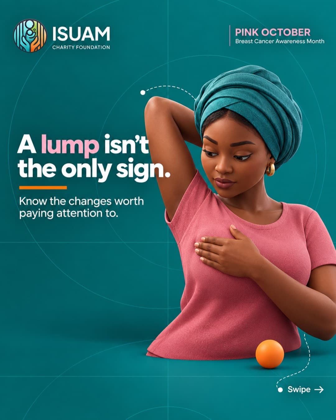 ISUAM Pink October illustration: a woman noticing breast changes. A lump isn’t the only sign.