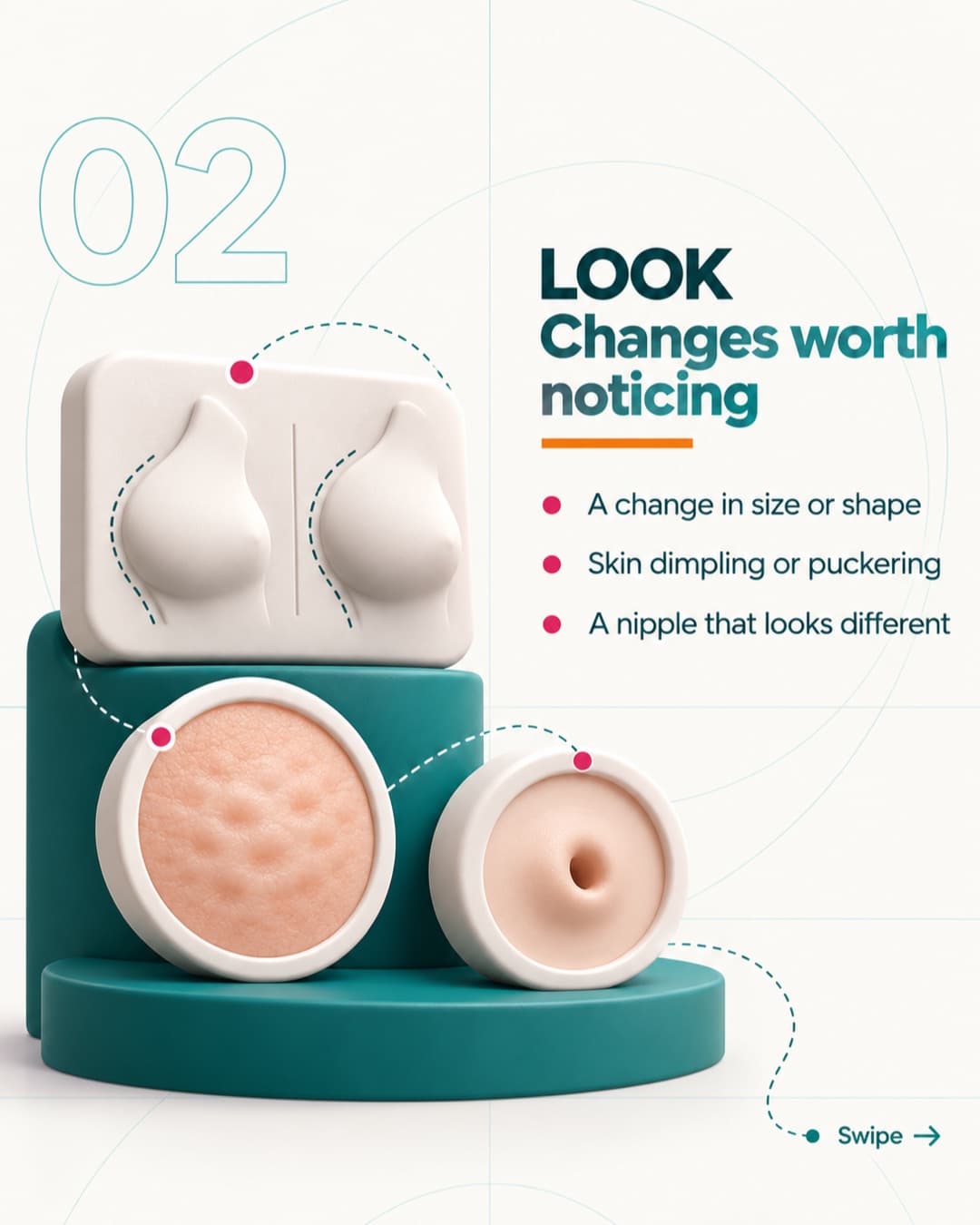 Look: illustrated breast shape, skin texture and nipple changes, with a list of changes worth noticing.